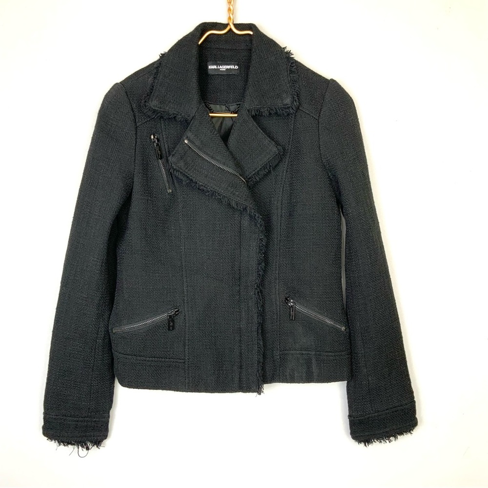 Karl Lagerfeld Sz‎ XS Black Tweed Moto Biker Jacket Zippers Raw Hems